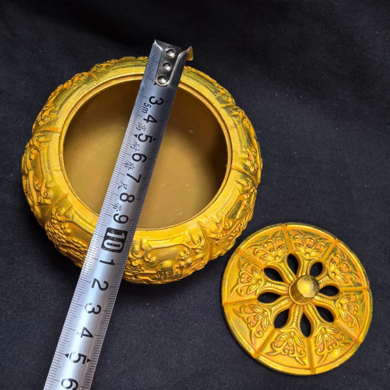 Antique Bronze Collection Brass Gilt Incense Indoor Tea Ceremony Flat Bottom Pumpkin Burner Home Craf