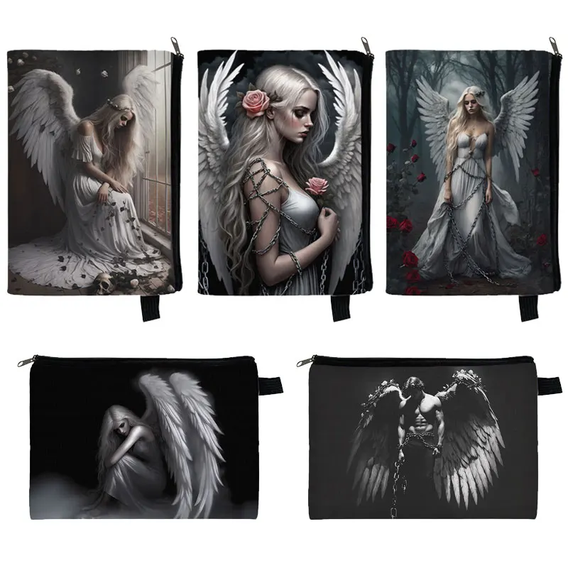 Sad Fallen Angel Wing Pattern Cosmetic Case Gothic Skull Girl Makeup Bags Card Key Holder Lipstick Storage Pouch Women Wash Bag