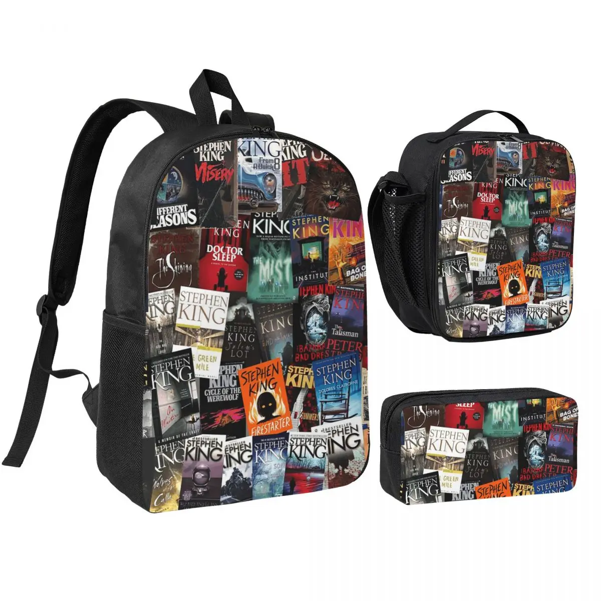 

Stephen King Book Covers, Horror Bookworm Backpack BookBag School Bag Shoulder Bags 3ps Insulated Lunch Bag Pencil Case