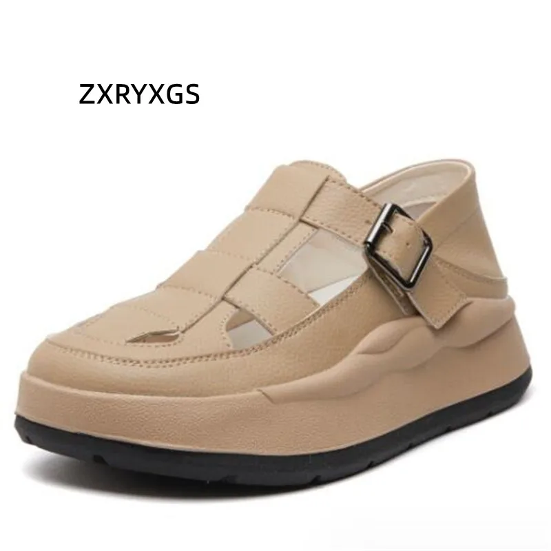 ZXRYXGS Summer Round Toe Women Shoes Roman Sandals 2024 New Fashion Hollow Genuine Leather Thick Sole Elevated Sandals Tide