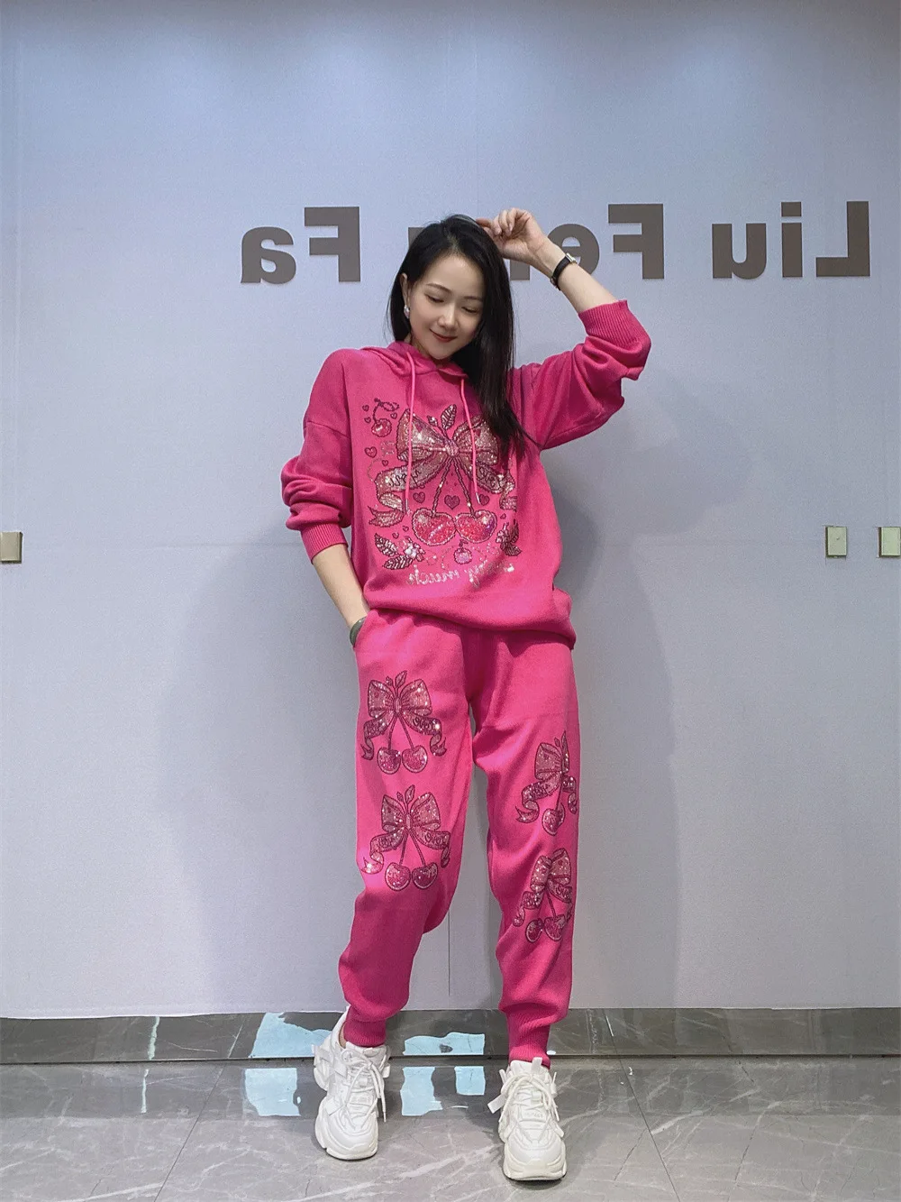 

Women Two-Piece Sets Long Sleeve Pants Sets Hot Diamond Wide Leg Pants Fashion Knitted Two-Piece Sets