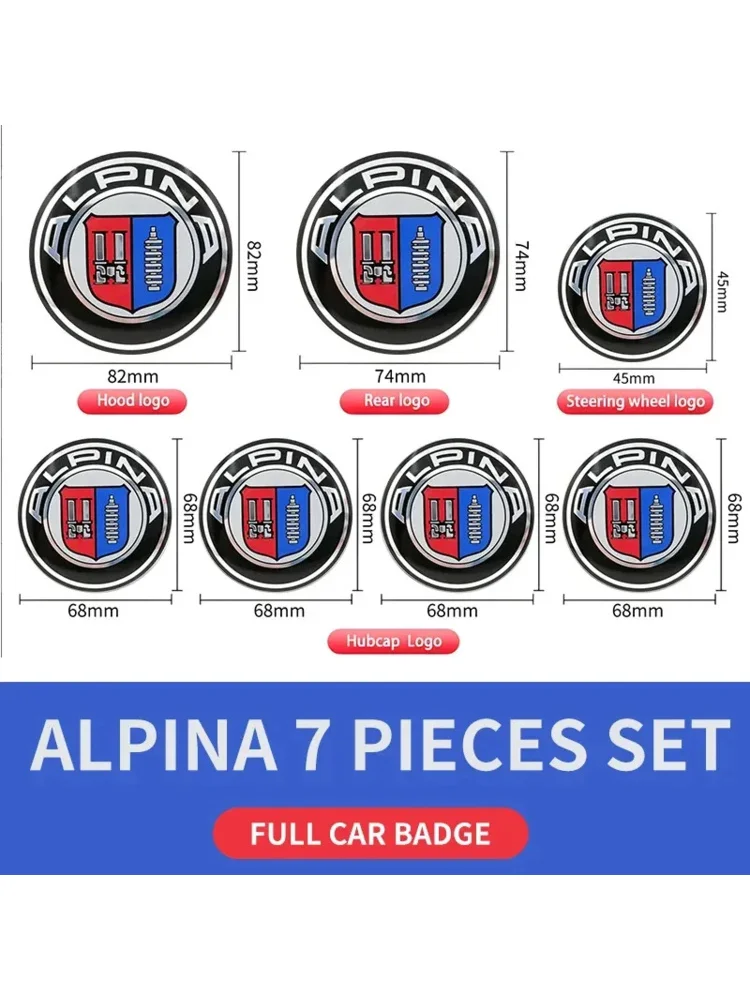 7 szt. Akcesoriów z logo samochodu: Emblemat na maskę przednią 82mm + Emblemat tylny 74mm + Kołpaki na felgi 68mm + Naklejka na kierownicę 45mm dla ALPINA — 2