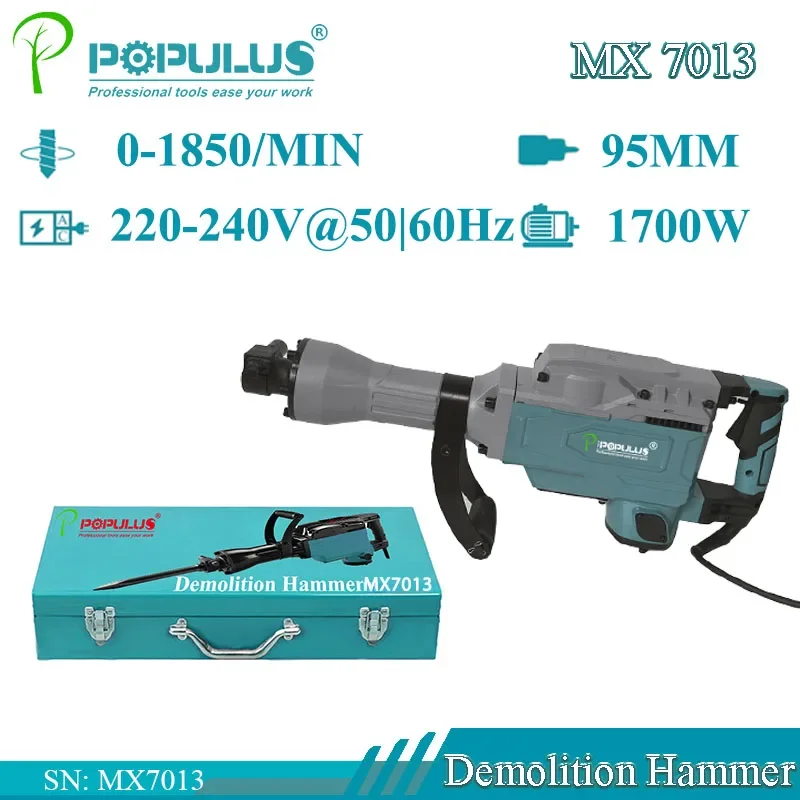 iPOPULUS 1700W Demolition Jack Hammer 14A Corded Electric Heavy Duty Concrete Pavement Breaker with Carrying Case Flat Chisel