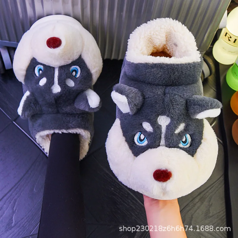 Funny Siberian Husky Men's Cotton Slippers Men's Winter Home Slippers Indoor Warmth Household Lovely Husky Plush Slippers Winter