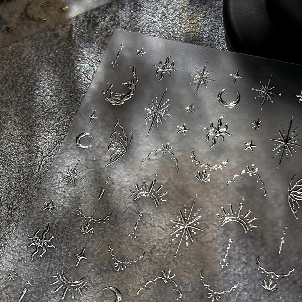 1개 3D 실버 골드 별/달/태양 네일 스티커 프렌치 보헤미아 토템 셀프 접착 네일 아트 데칼 DIY 레트로 매니큐어 장식