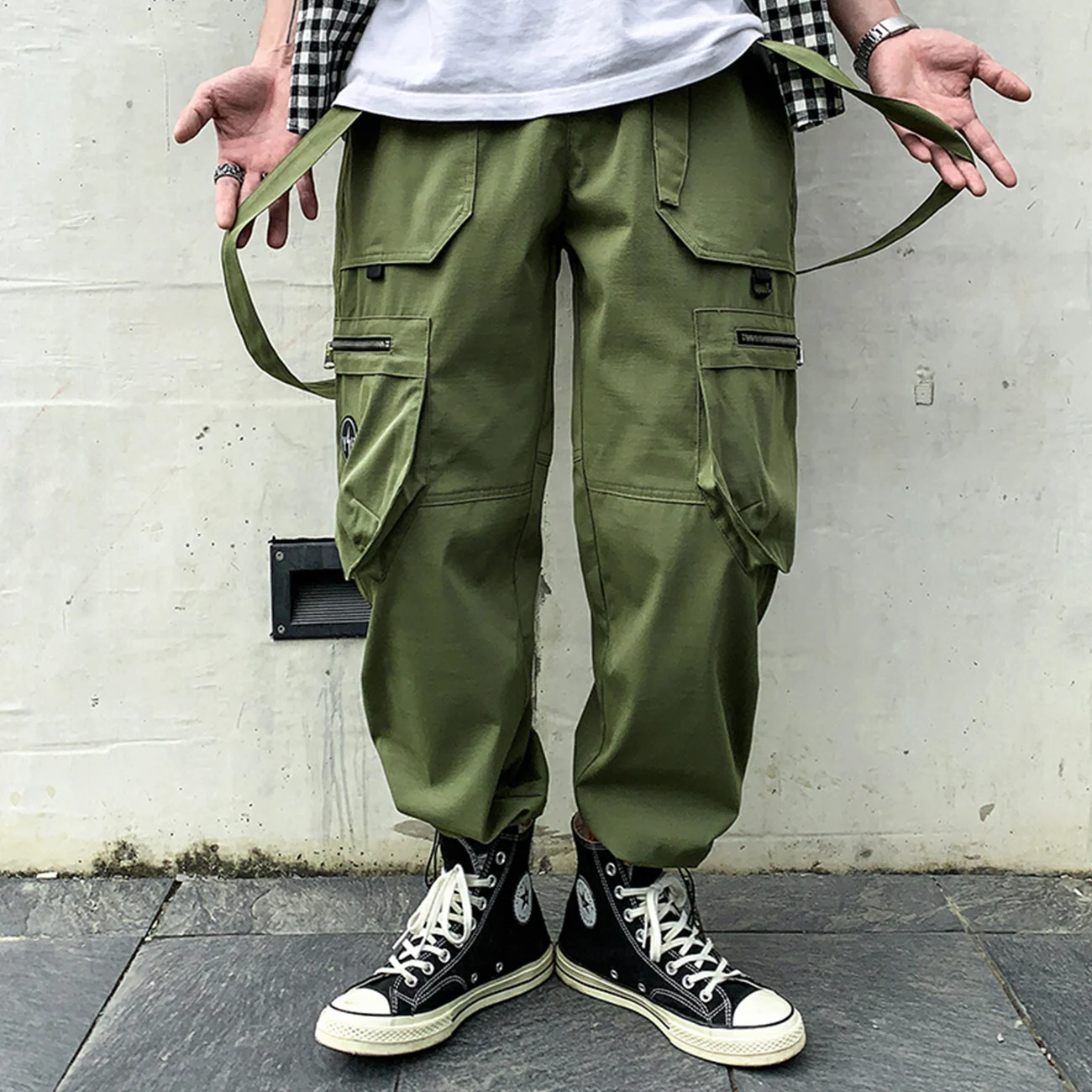 Hop Hip Cargo Pants Mens Ribbon Harem Pants Functional Loose Joggers Men Trousers Streetwear Zipper Pockets Pants