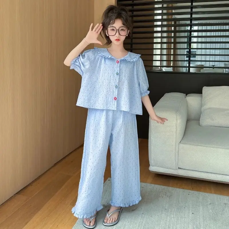 

Girls Summer Pajama Set Peter Pan Collar Short Sleeve Loose Fit Lightweight Loungewear Air Conditioning Wear