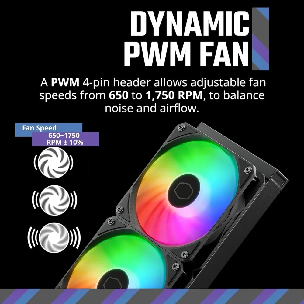 مبرد سائل لوحدة المعالجة المركزية ثنائي الغرفة مقاس 240 مم من كولر ماستر مع إضاءة RGB قابلة للتخصيص وصيانة منخفضة وتشغيل صامت