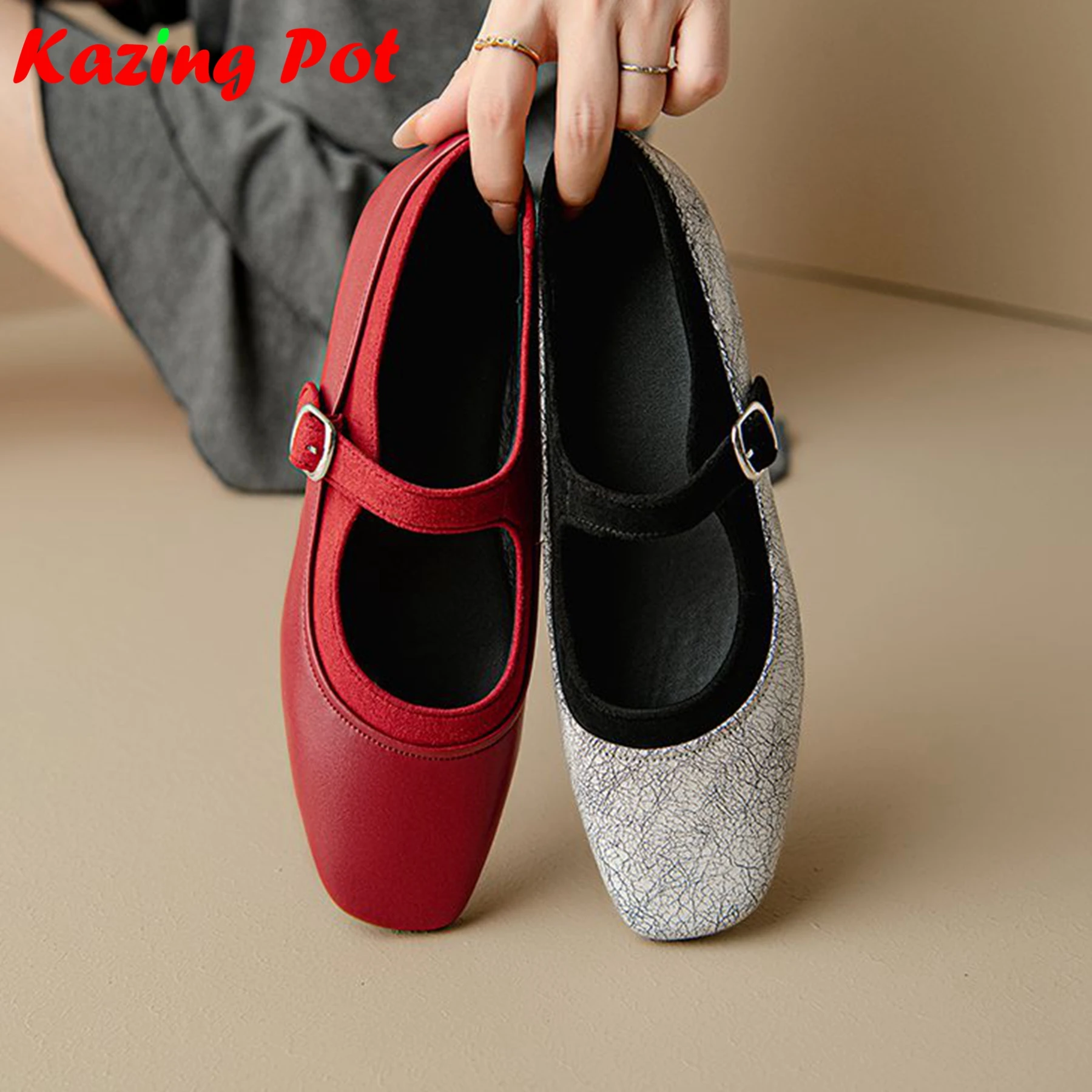 Krazing Pot Cow Leather Round Toe Women Summer Low Heels Modern Ballet Dancer Mary Janes Buckle Straps Shallow Comfortable Flats