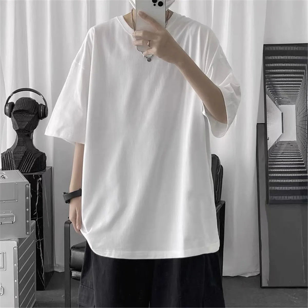 Cotton Summer Fashion Men's T Shirt Casual Solid Short Sleeve Classical Tee Mens 100% Cotton Korean Hip-Hop Top Tees Black White