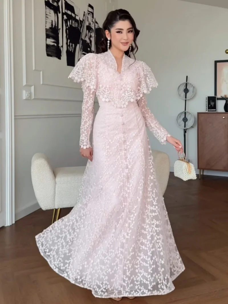 Elegant Embroidery Lace Mermaid Dress Autumn Clothing Women 2026 Full Sleeve V-Neck Maxi Long Dresses Evening Party Club Dress