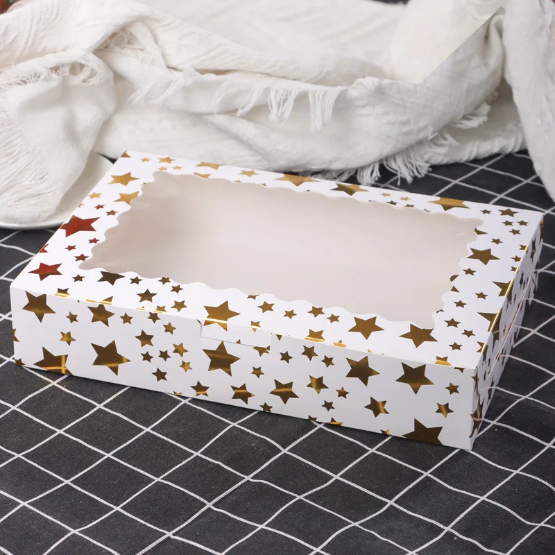 

10pcs Transparent Window Gold Stamp Paper Boxes For Wedding Birthday Home Party Baking Cake Packaging Box Custom LOGO Gifts Box