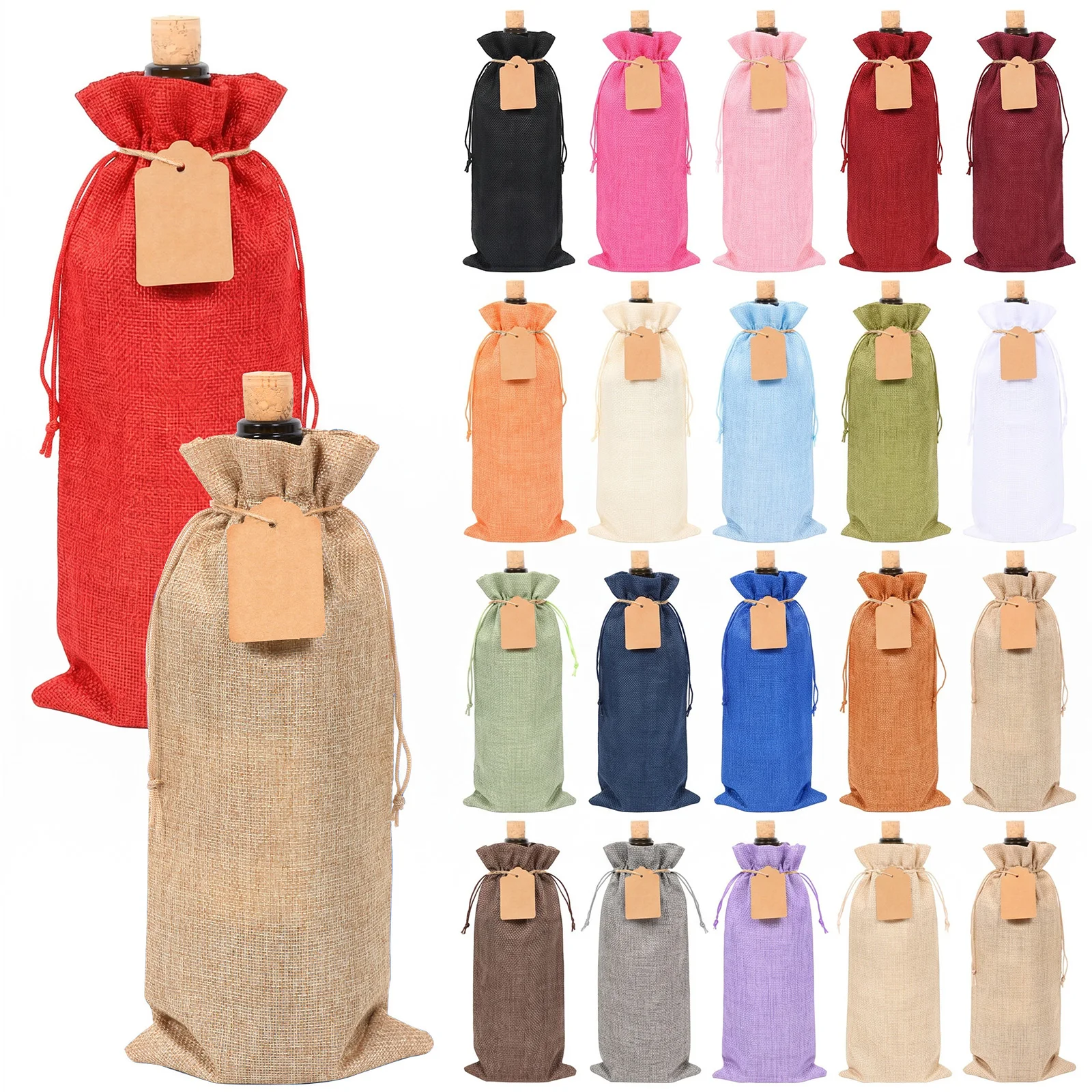 22Pcs Linen Wine Drawstring Bag Reusable Wine Bottle Protector Pouch with Tag for Wedding Party Holiday Present Decor Gift