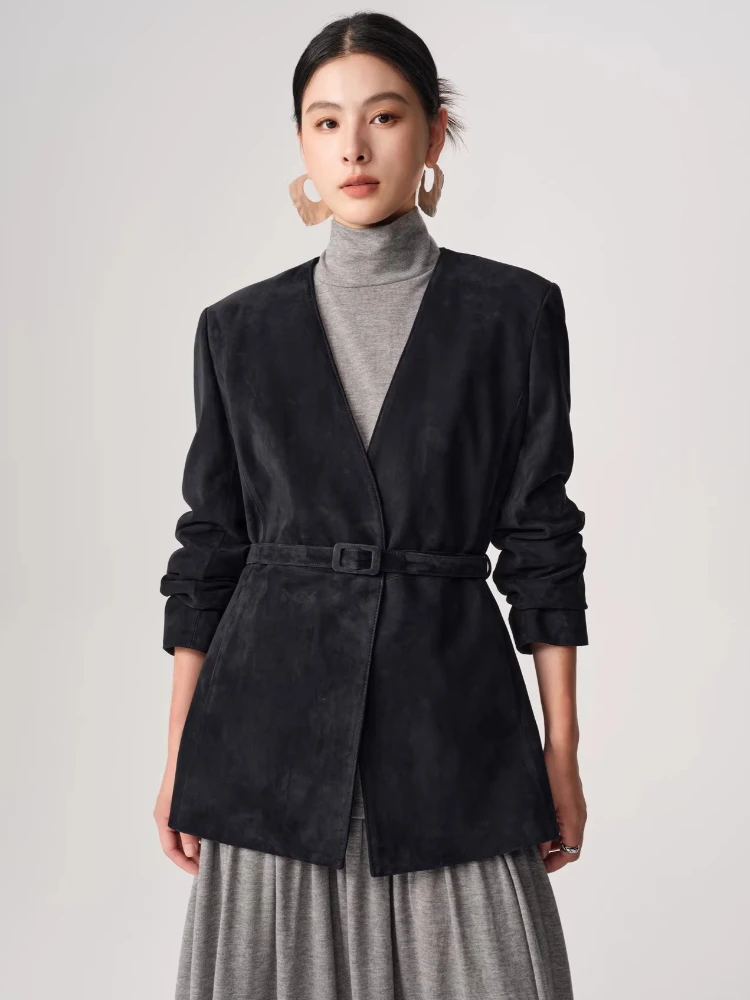 

Classic V-neck Genuine Leather Blazer Jackets Women Spring Autumn 2026 New High-end Simple Real Sheepskin Suede Coat with Belt