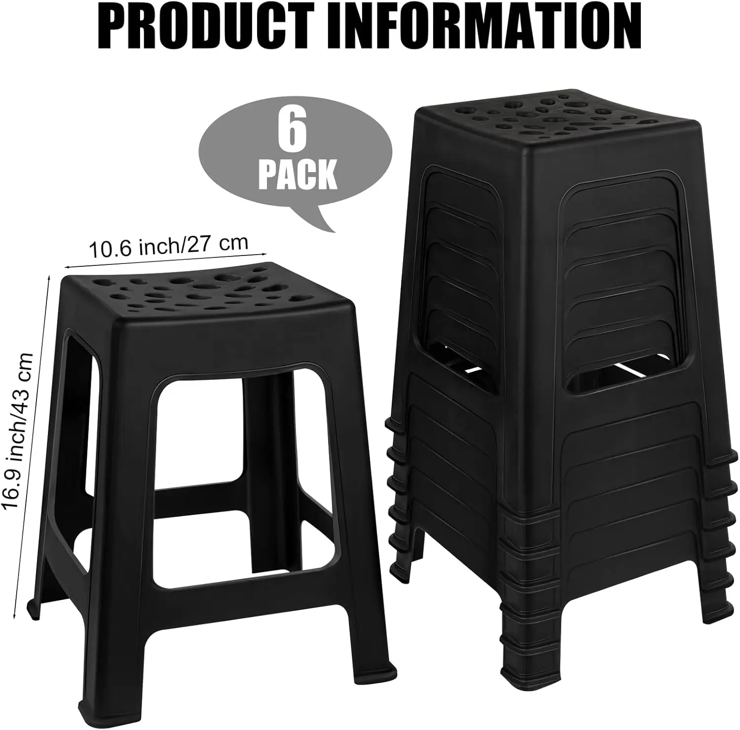 6 Pack Plastic Stools 16.9 Inch Black Nesting Stools Portable Backless Bar Stool Flexible Seating Chairs for Classroom