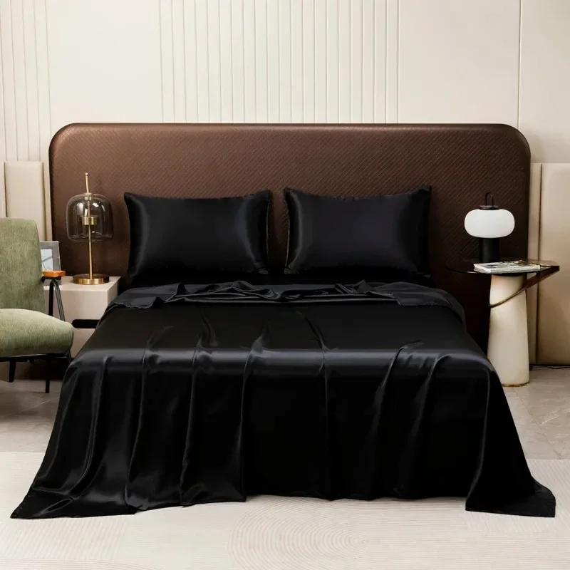 2/3PCS Black Luxury Ice Silk Flat Sheet with Pillowcase High-End Bedding Smooth Bed Sheet Sets Washable Dustproof Sheet Lino Лен