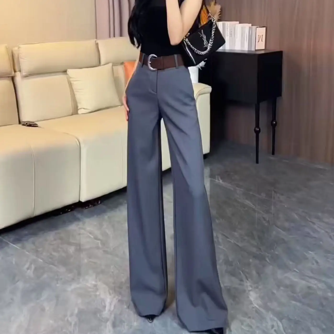 Pantalones de vestir acampanados sin pierna para mujer, pantalón caqui de otoño, color gris, de gama alta, de celebridad, nuevo diseño, a la moda, versátil