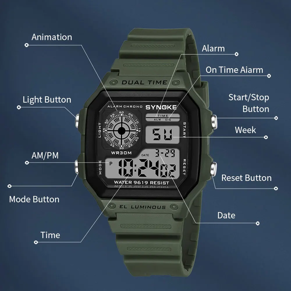 남성용 야외 스포츠 시계, SYNOKE 브랜드 다기능 시계, 알람 시계, 크로노 방수 디지털 시계