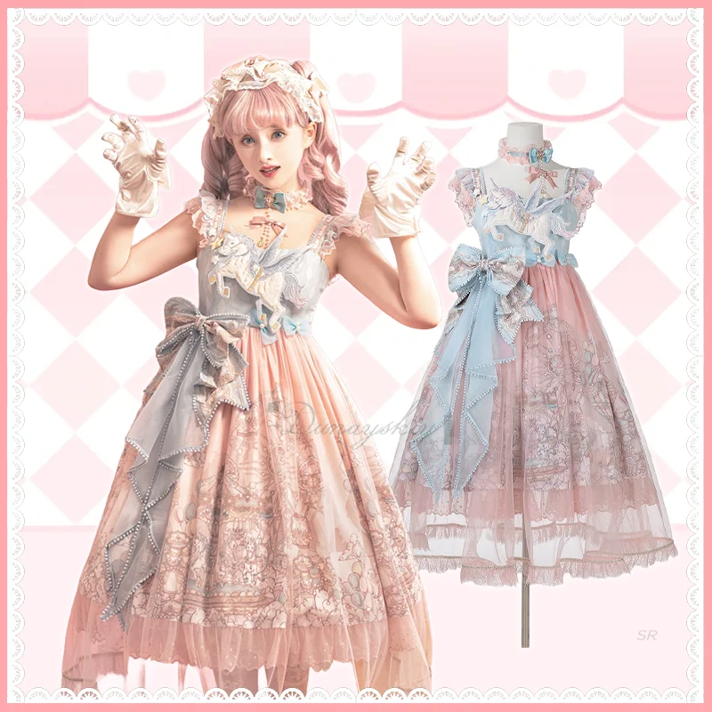 

Милое платье принцессы Kawaii Lolita JSK, японское платье Харадзюку с героями мультфильмов, парк развлечений, с бантом и принтом для женщин и девочек, милое чаепитие