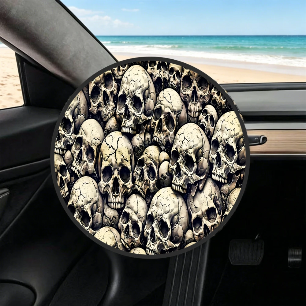 1pc Steering Wheel Sunshade Cover, 2D Flat Printing Skull Pattern Print On Steering Wheel Sunshade Cover, Summer Car Essential