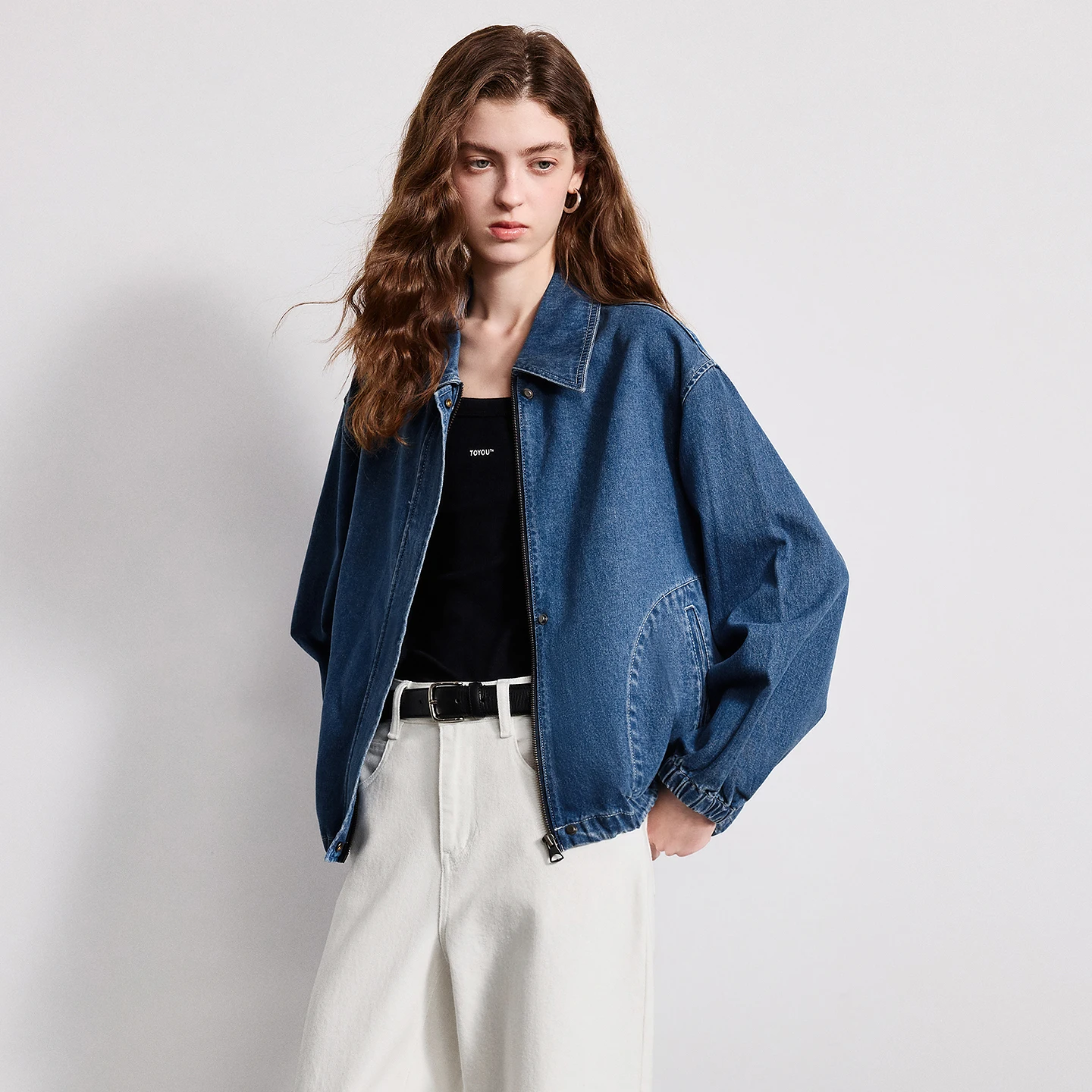 TOYOUTH Women 100% Cotton Denim Jacket 2026 Spring New Loose Drop Shoulder Slant Pocket Retro Medium Blue Jacket