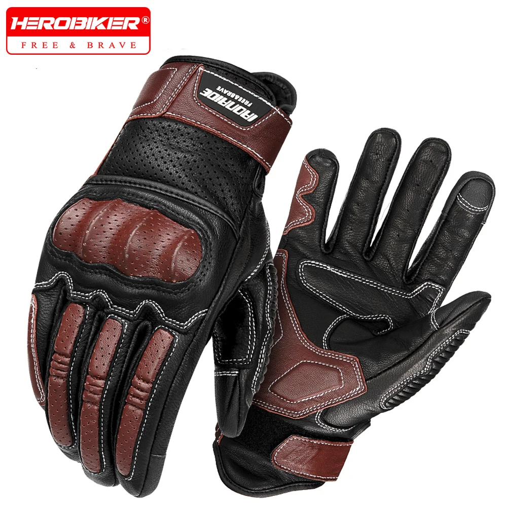 

Vintage Leather Motorcycle Gloves Breathable Perforated Design Touchscreen Compatible Men Motorbike Riding Gloves