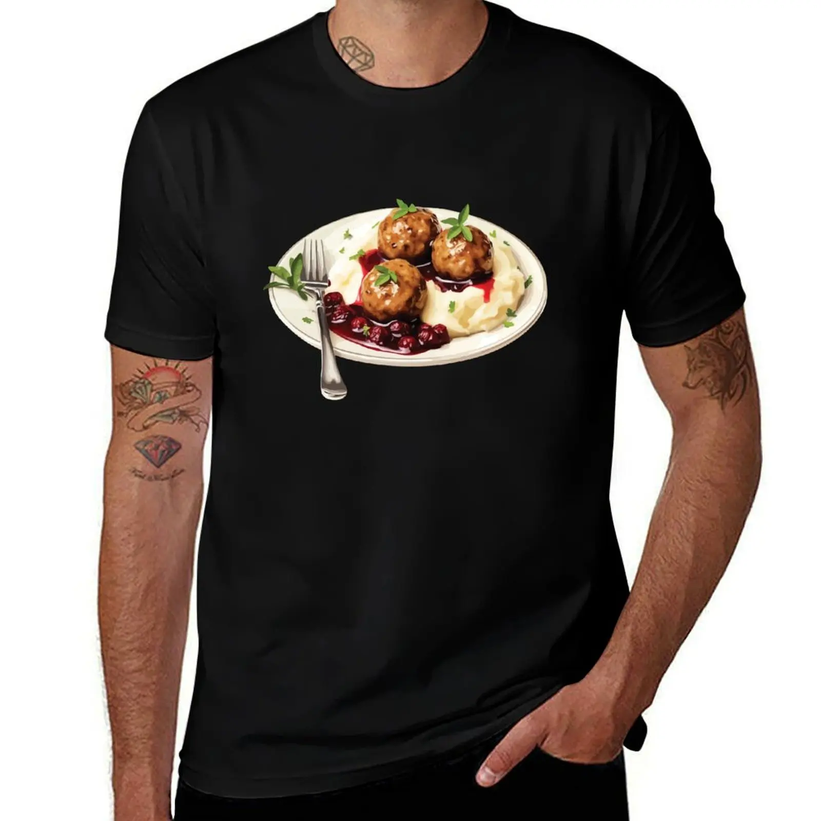 Swedish Meatballs Served With Mashed Potatoes and Cranberry Sauce T-Shirt Soft Durable Cotton T-Shirt