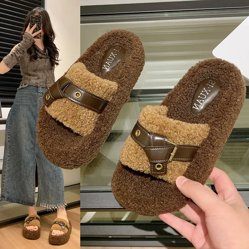 Elegant Belt Female Winter Slippers Shoes 2024 New Platform Casual Outdoor Winter Furry Slipers Shoes