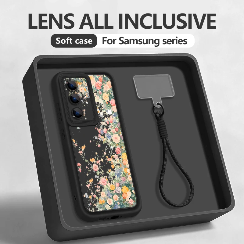Blumenmuster-Schlüsselband-Handyhülle für Samsung Galaxy S25 S24 FE S26 S24 S22 Ultra S23 Plus S25 Edge Weiche Silikon-Schutzhülle mit Trageriemen