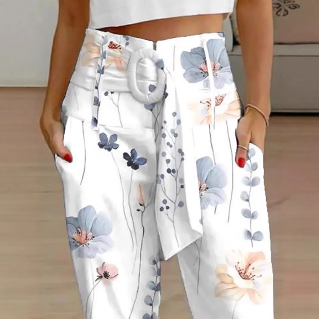 Pantalon décontracté en lin imprimé à lacets, nouvelle mode printemps et été 2025, vêtements pour femmes, taille moyenne, tempérament décontracté