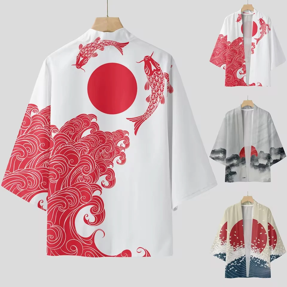 Male Spring And Summer Cool Semi Long Sleeve Cardigan All Print Printed Collarless 2025 Regular Cuff Men'S Long Sleeve Shirt