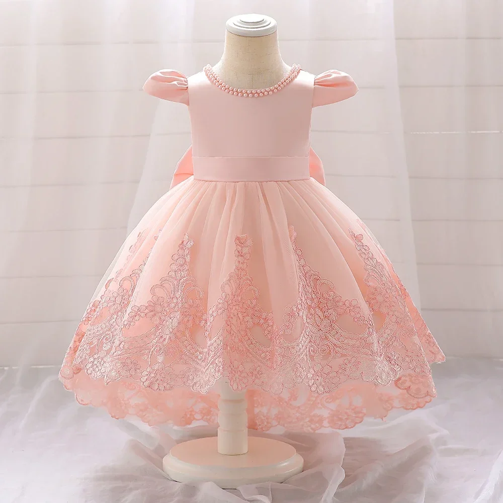 Rose Pink Baby Girls Dress Trailing Infant Baby Princess Party Dresses For Girl Toddler Baby Bow Lace Birthday Wedding Prom Gown