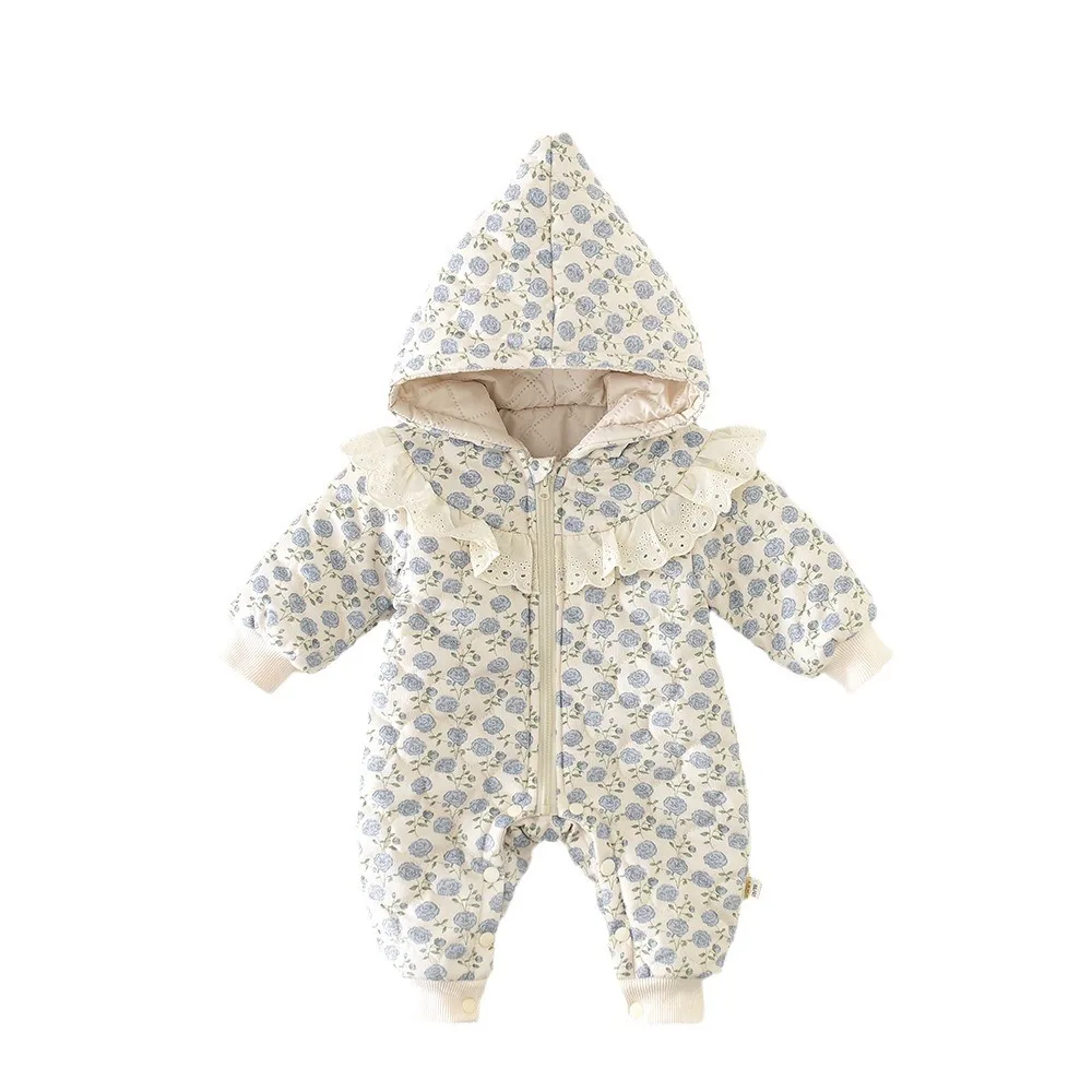 Winter Baby Girls Jumpsuit Lace Floral Cotton Padded Warm Hooded Newborn Girls Bodysuit Pointed Hat Infant Girls Rompers