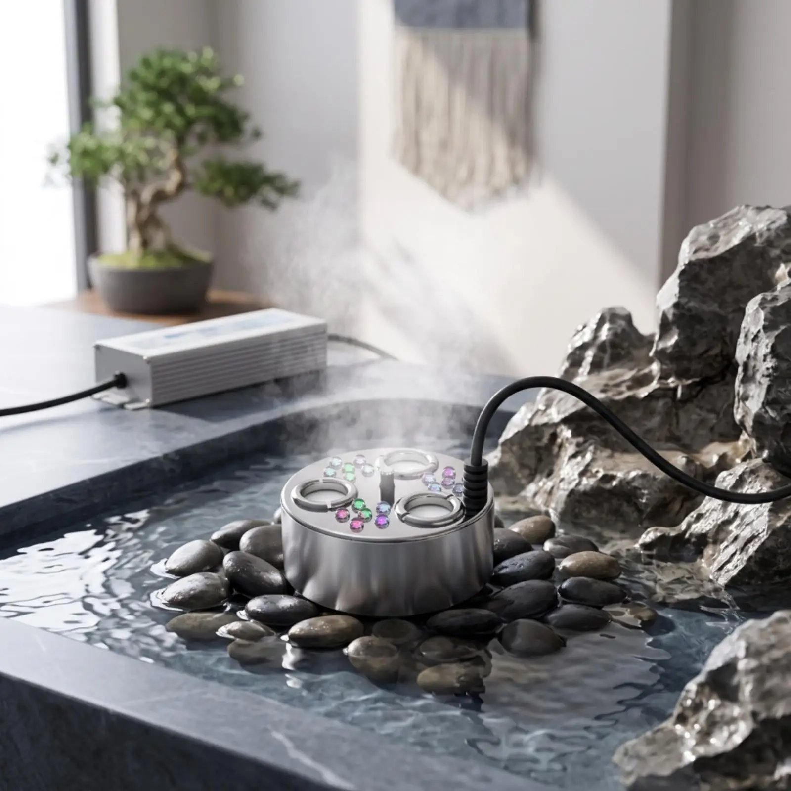 Stainless Steel Ultrasonic Mist Maker for Water Feature LED Fog Machine for Aquarium Pond with Auto Shut Off