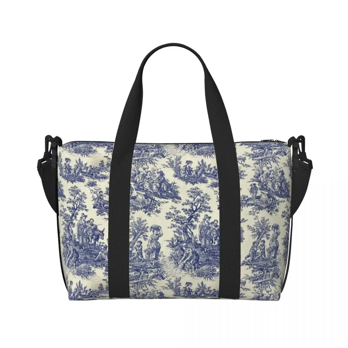 حقيبة حمل على الشاطئ باللون الأزرق من Toile De Jouy مخصصة للنساء في صالة الألعاب الرياضية كبيرة جدًا تحمل على حقائب تسوق للسفر باللون الأزرق الداكن الفرنسي