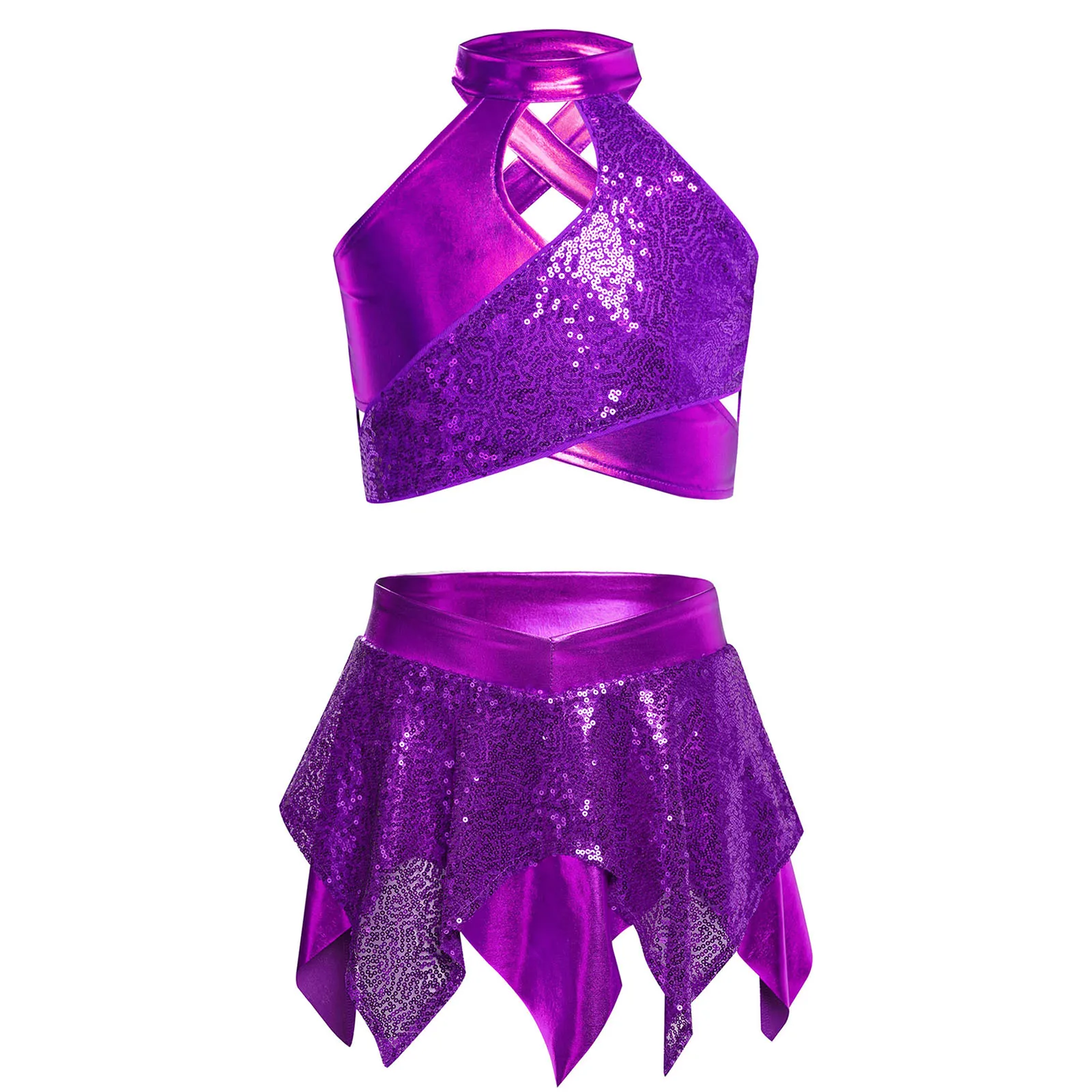Glänzende Mädchen Rhythmische Gymnastik Jazz Dance Performance Kostüm Pailletten Crop Top Röcke Athletische Activewear Ballett Tanz Outfits – Detail 8
