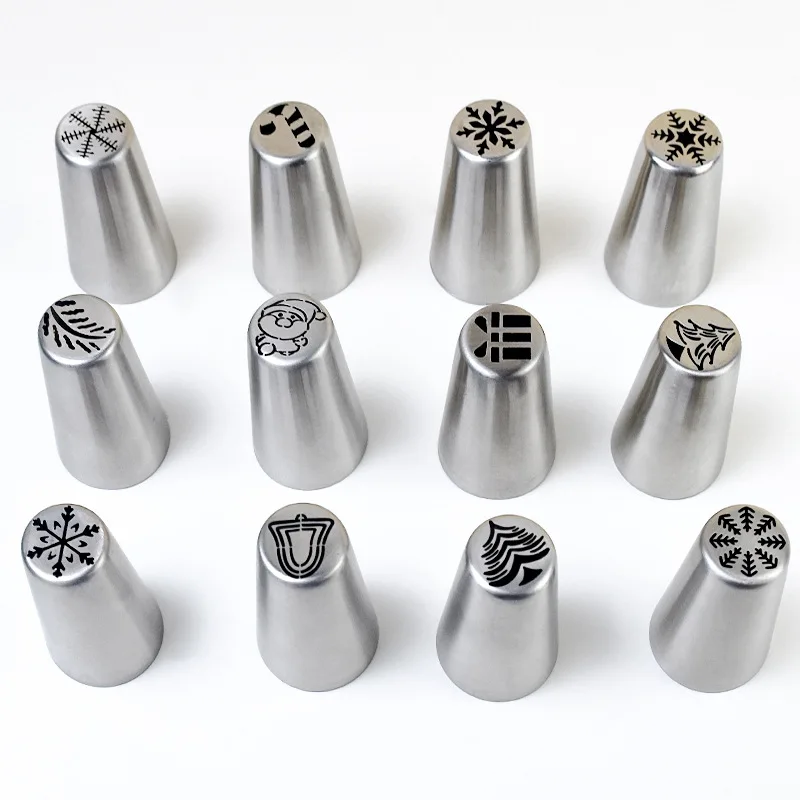 12pcs/set Stainless Steel Cake Cream Christmas Piping Nozzle Pastry Bakery Accessories Cupcake Piping Nozzle Tips Bakeware Tools