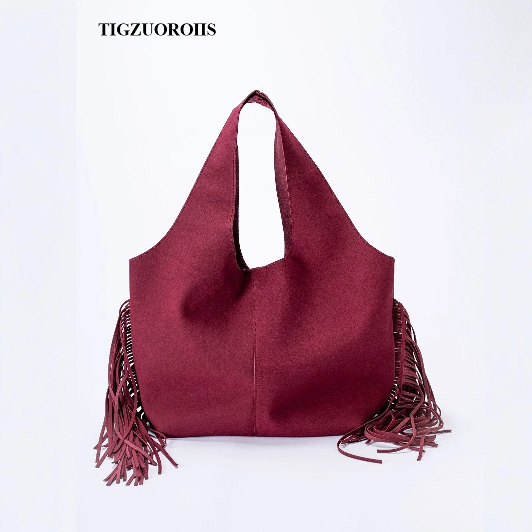 

Fashion Burgundy Womens Tote Bag Aesthetic Vintage Advanced Leather Shoulder Bag Autumn and Winter Large Capacity Tassel Handbag