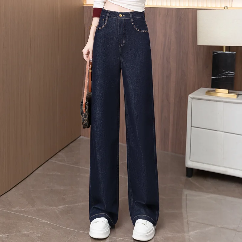 Schmale Jeans mit weitem Bein für Damen, neue Frühlings- und Herbst-Jeans mit hoher Taille, zierliche, lässige, beliebte, gerade Denim-Hose