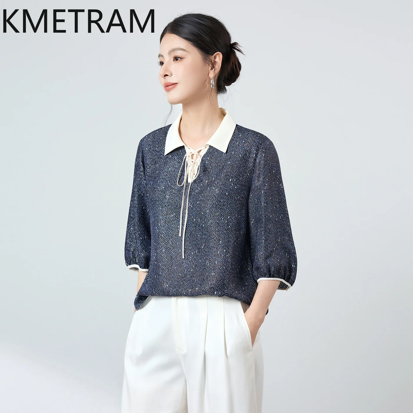 KMETRAM 95.9% Real Mulberry Silk Blouse Women Lapel Collar Tie Shirt Lantern Sleeve Summer Tops for Woman Clothing 2026 рубашка