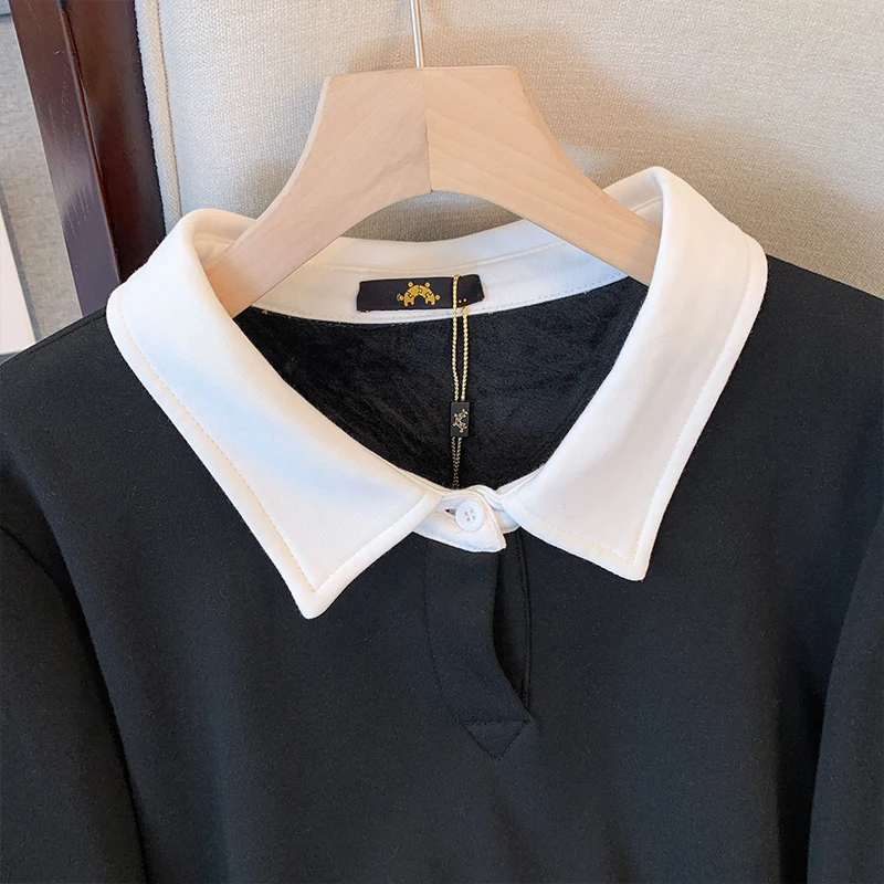 Plus size women's clothing Fleece lined double hoodie shirt collar button decorated commuter top warm fur lining loose