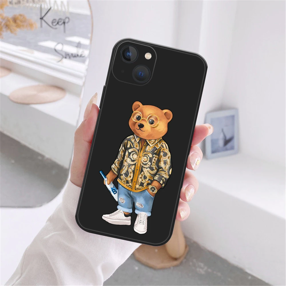 Cute Bear Fashion Brand Protective Case for IPhone 13 12 11 14 15 16 Pro Max 15 16 Plus 13MINI Black Silicone Soft Bumper Cover