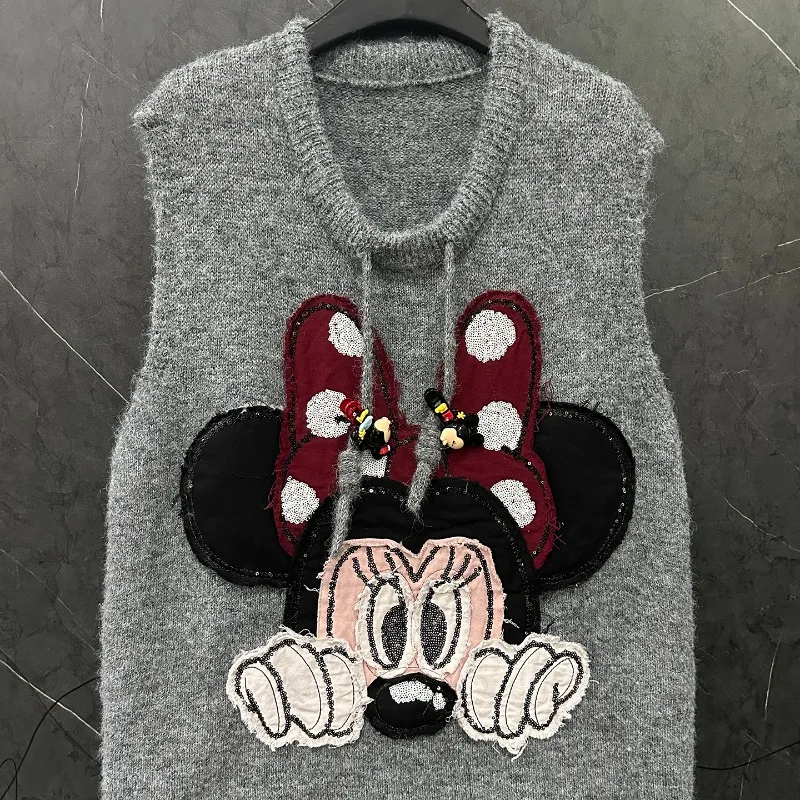 2025 Autumn New Cartoon Knitted Sweater Vest Coat Ladies Loose Casual Age-Reducing Sleeveless Top Round Neck Waistcoat Pullover