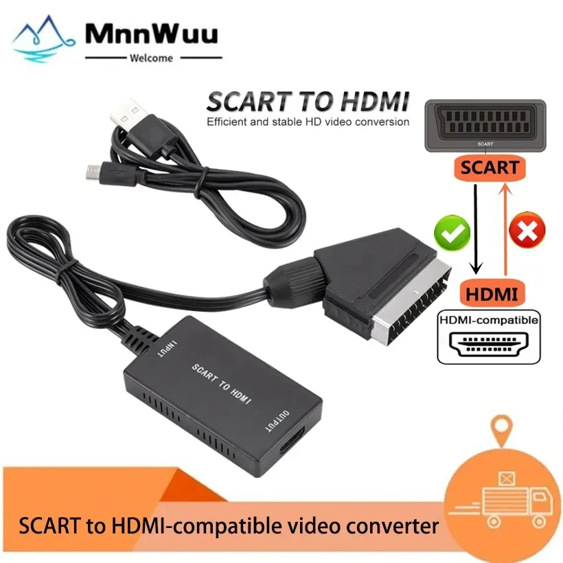 MnnWuu convertidor SCART a HDMI 1080P con Cable Scart, salida HDMI HD 720P/1080P, interruptor, Adaptador convertidor de Audio y vídeo para HDTV