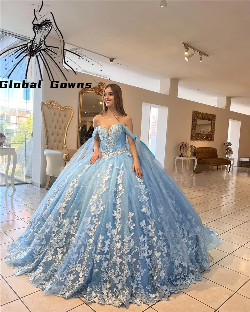 Vestido De quinceañera con escote Corazón Azul De México, vestido De baile De graduación con cuentas, vestido De capa, fiesta De cumpleaños dulce 16, 15