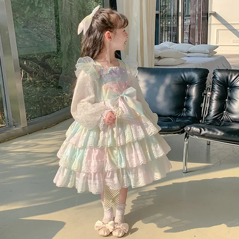 Mädchen Lolita, chinesische Kinder Frühlings kleid Lolita, Prinzessin Kleid, Kinder süße Gaze Mädchen Kleidung Blumen hochzeiten