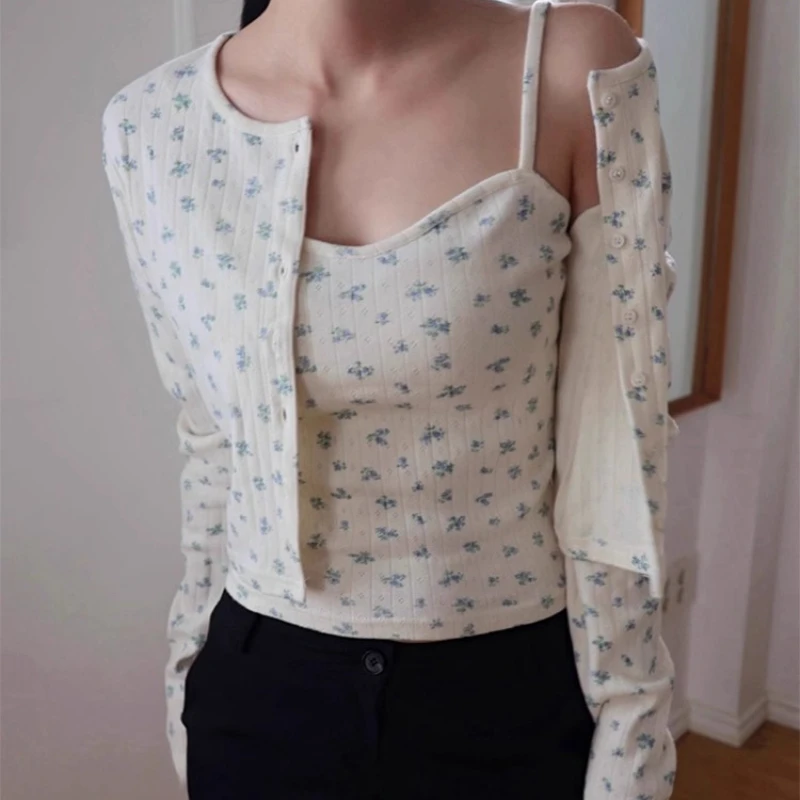 

Matakawa 2 Pieces Cardigans Print Floral Autumn Winter Clothes Woman Sweaters Sweet Korean Fashion Elegant Sueter Mujer