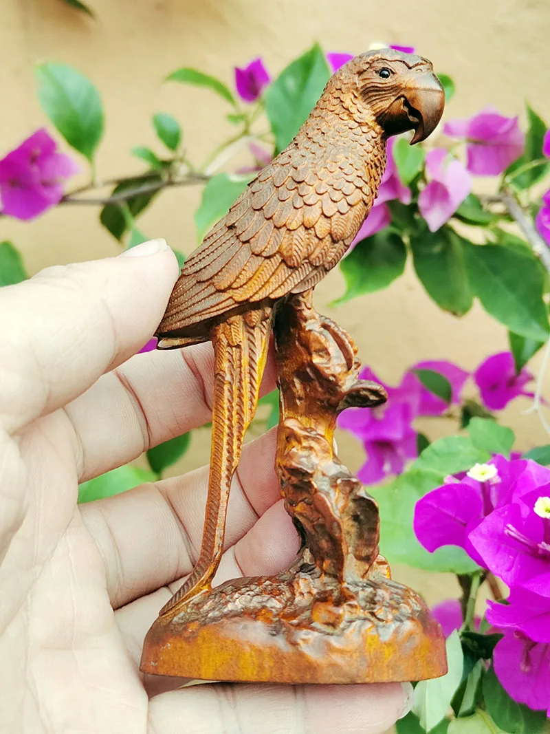 BY124 - 12 X 6.5 X 4 CM Boxwood Carving Figurine Statue : Parrot Bird Pretty