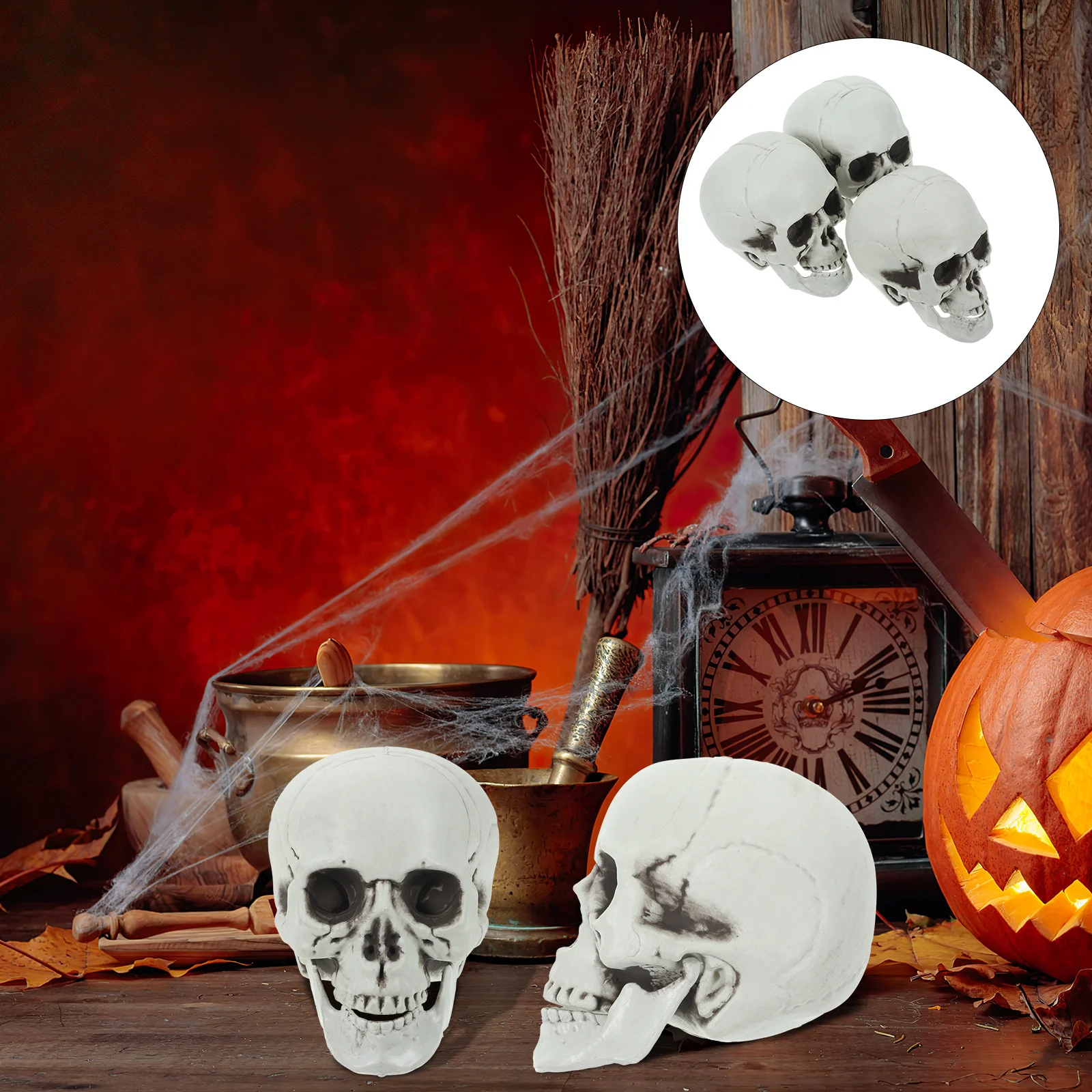 

3pcs Skull Decor Plastic Halloween Skull Ornament Lightweight Party Supplies For Masquerade Desktop Decorations