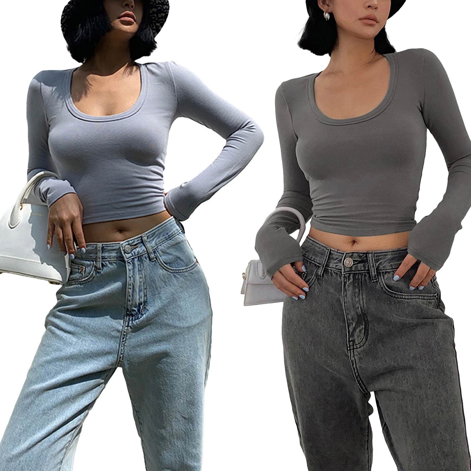 Damska wiosna jesień Crop top Slim Solid Color z długim rękawem głęboki dekolt podstawowy T-shirt damski Casual Slim dopasowane t-shirty